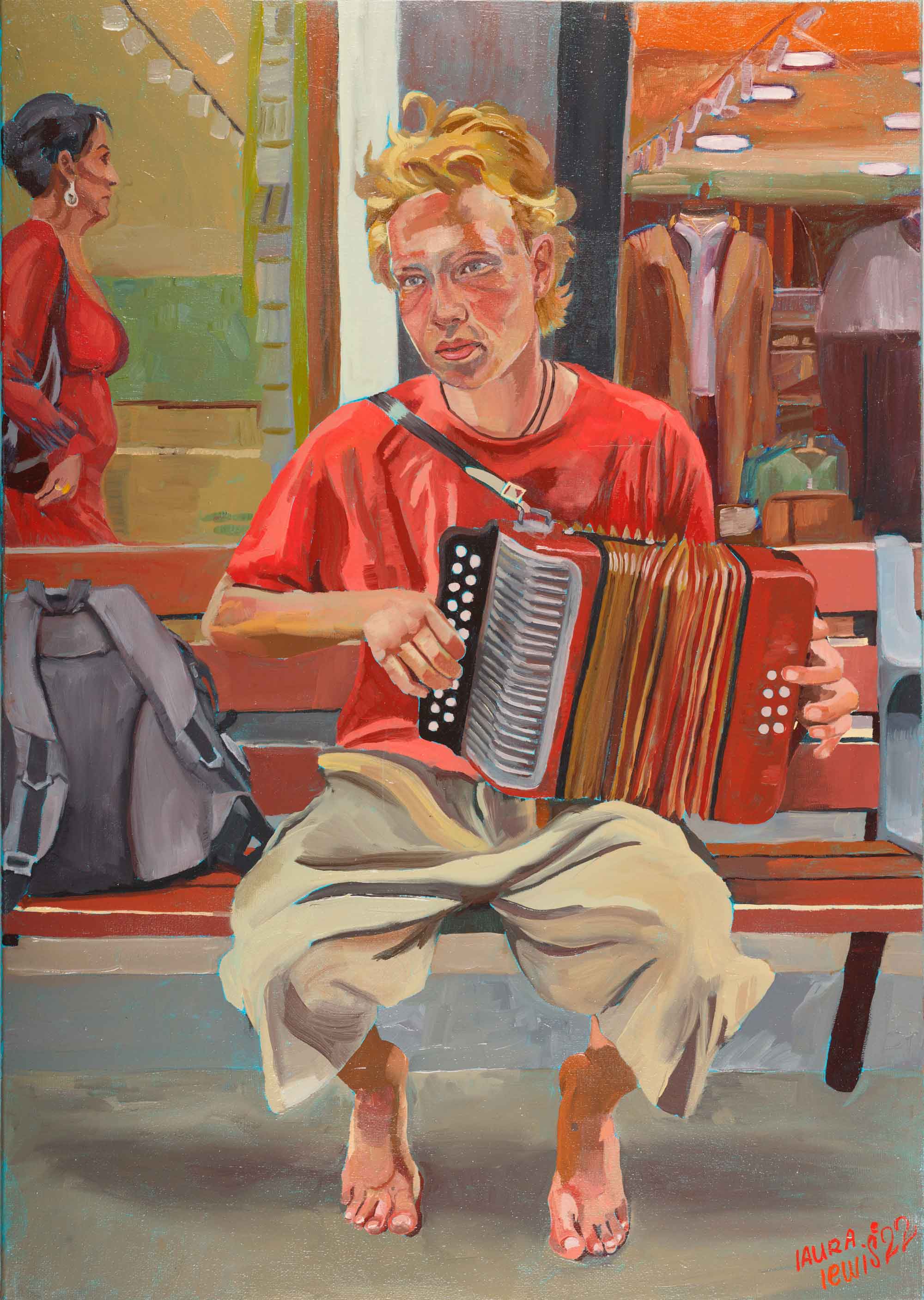 Oil painting of an accordion player by Laura Lewis
