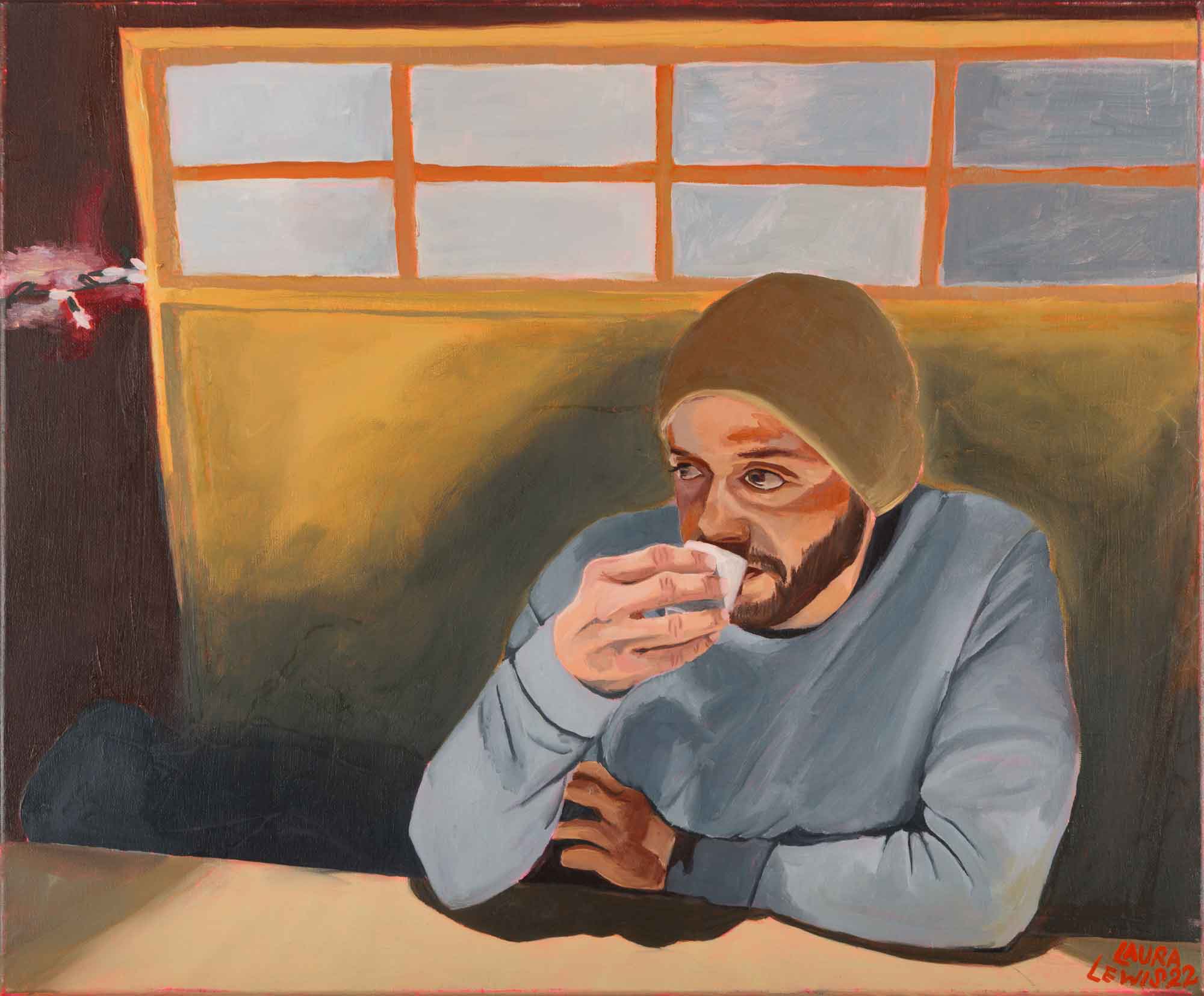 Oil painting of a seated figure wearing a beanie by Laura Lewis