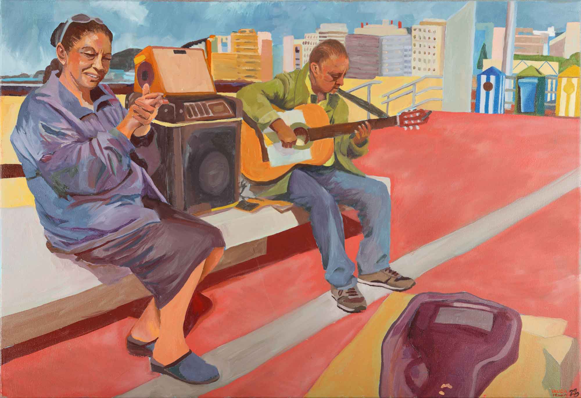 Oil painting of two seated figures by Laura Lewis